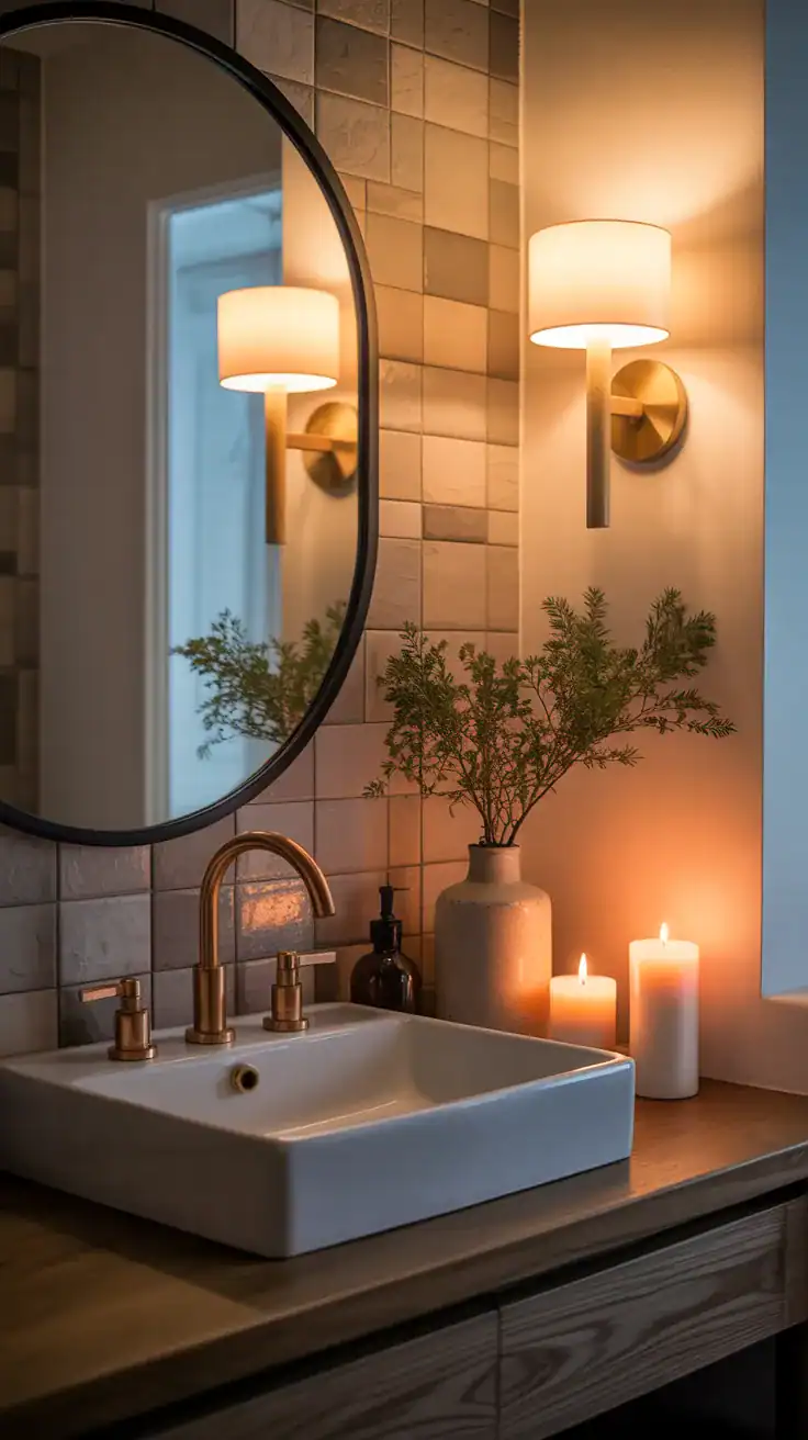 Warm layered lighting in a Scandinavian bathroom with wall sconces and candles
