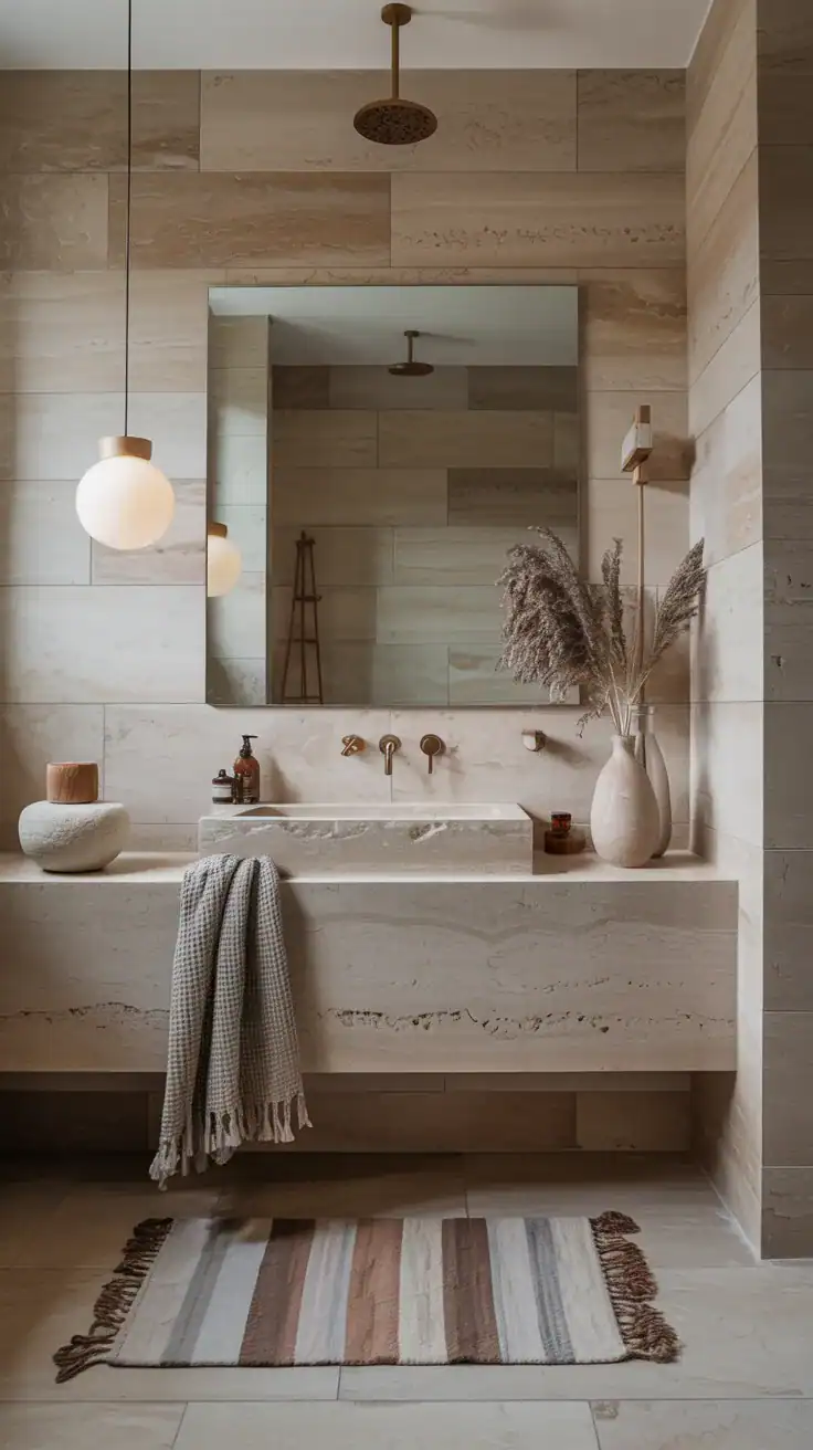 Travertine and stone accessories in a Scandinavian style bathroom