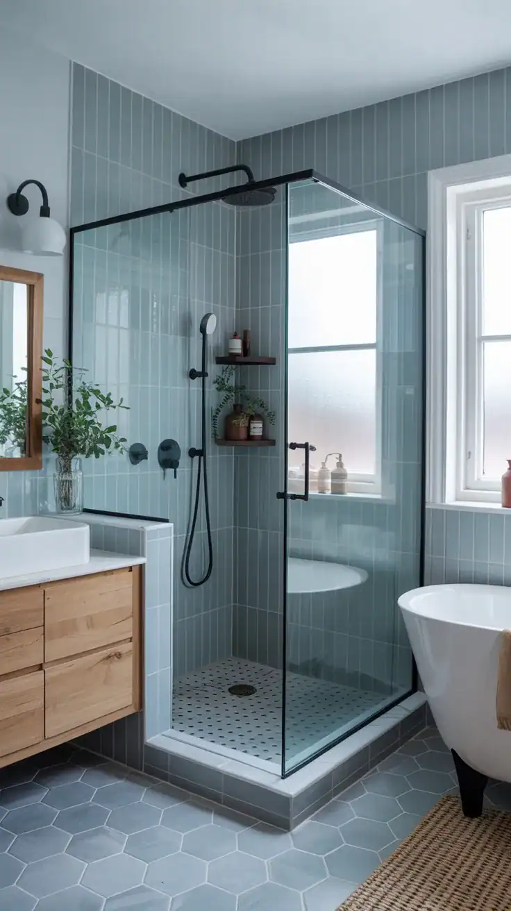 Frameless glass shower in a bright Scandinavian bathroom remodel