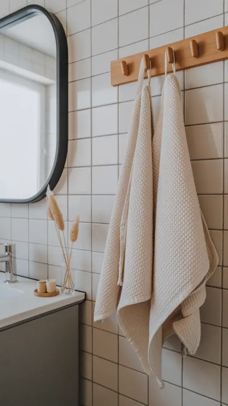 Waffle towels and soft textures in a Scandinavian bathroom remodel