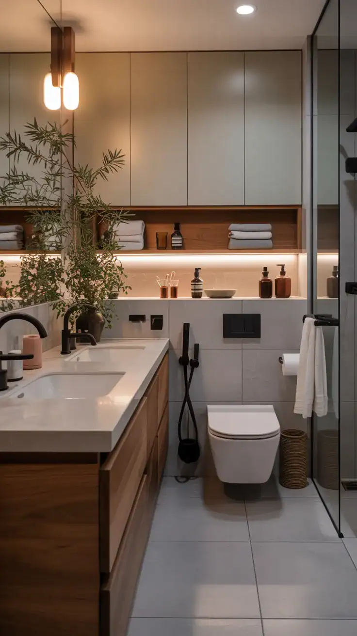 Streamlined hidden storage in a Scandinavian bathroom with clean surfaces