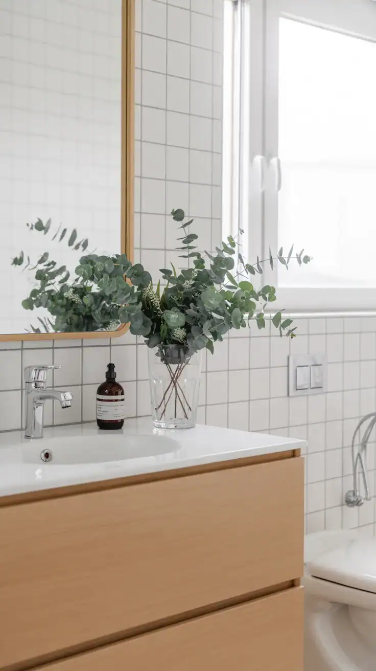 Scandinavian bathroom with eucalyptus and natural greenery beside pale wood vanity