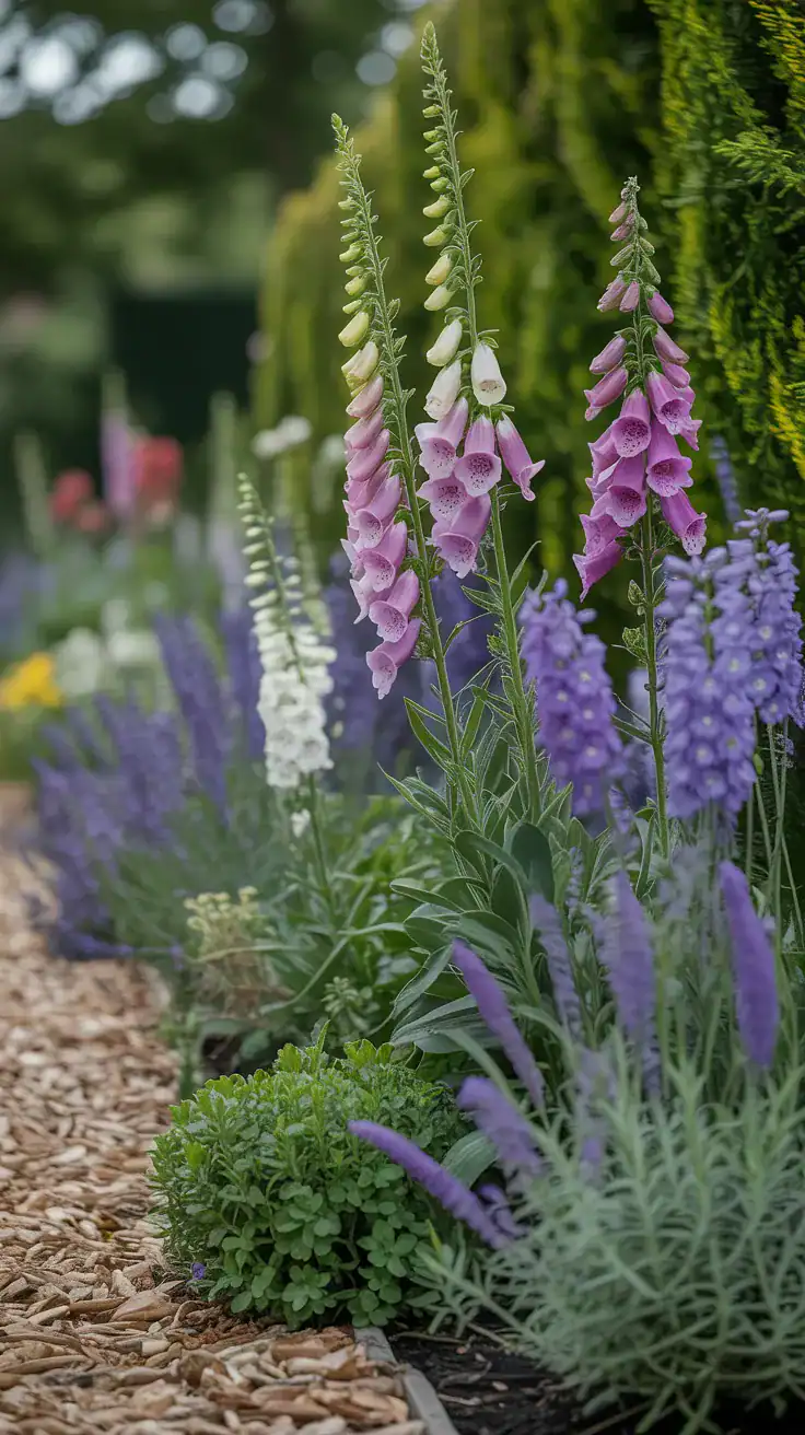 Layered English cottage garden border with foxgloves, delphiniums, and lavender