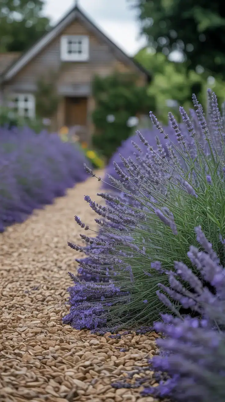 Lavender spilling along a gravel pathway in an English cottage garden