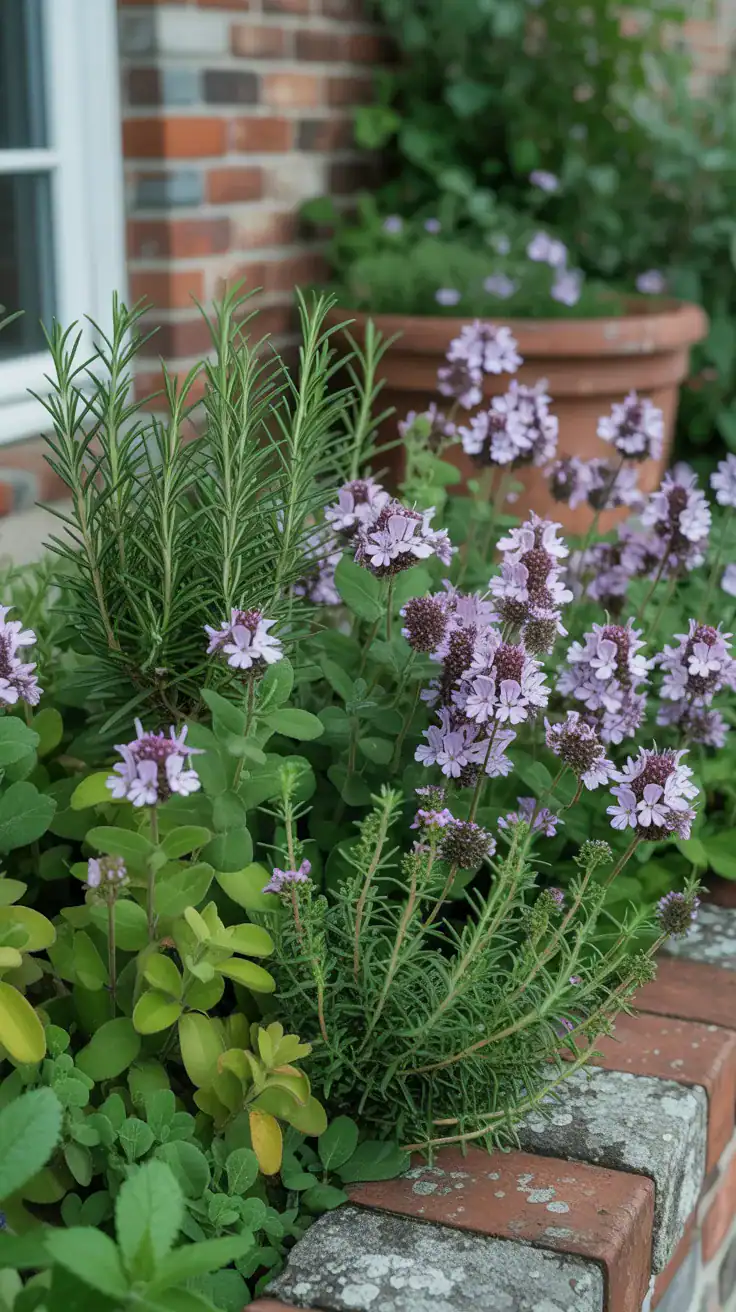 Rosemary and thyme mixed into a romantic cottage flower border