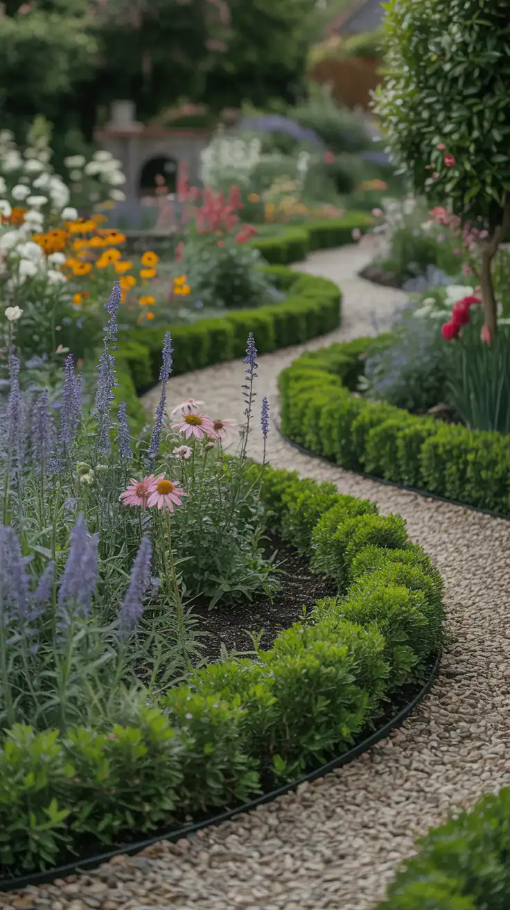 Curved cottage garden borders with layered flowers and gravel pathways