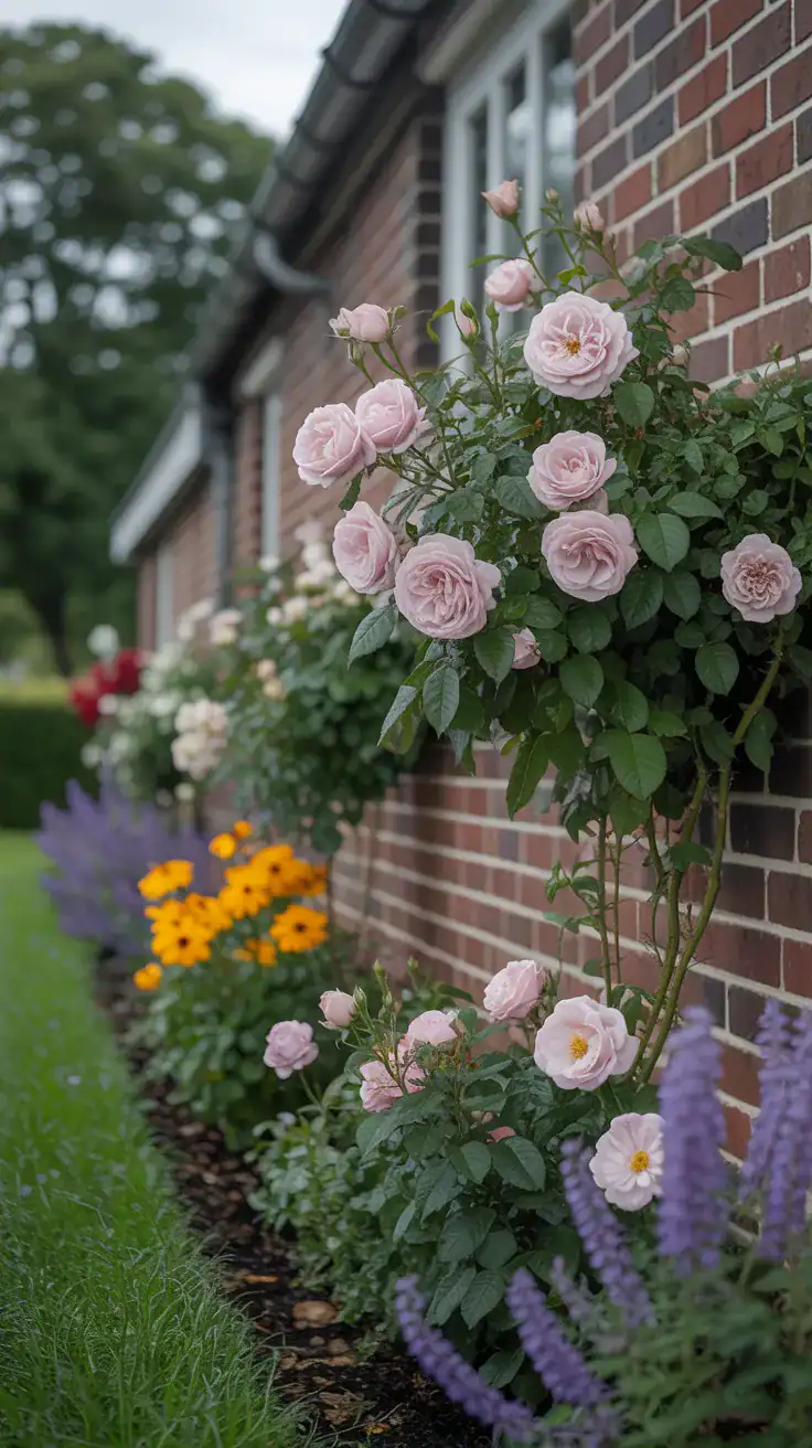 Climbing roses above an English cottage garden border with layered flowers