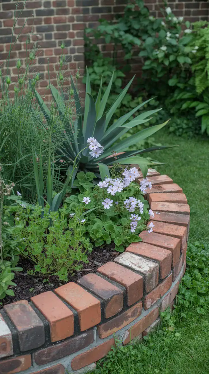 Reclaimed brick edging around a lush English cottage garden border