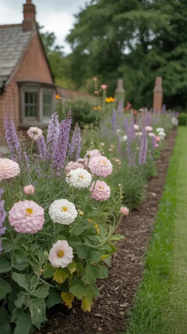 Romantic pastel flower colors in an English cottage garden border