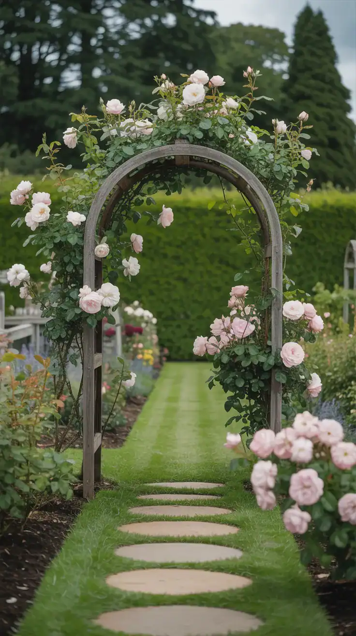 Rustic garden arch covered in climbing roses beside cottage garden borders