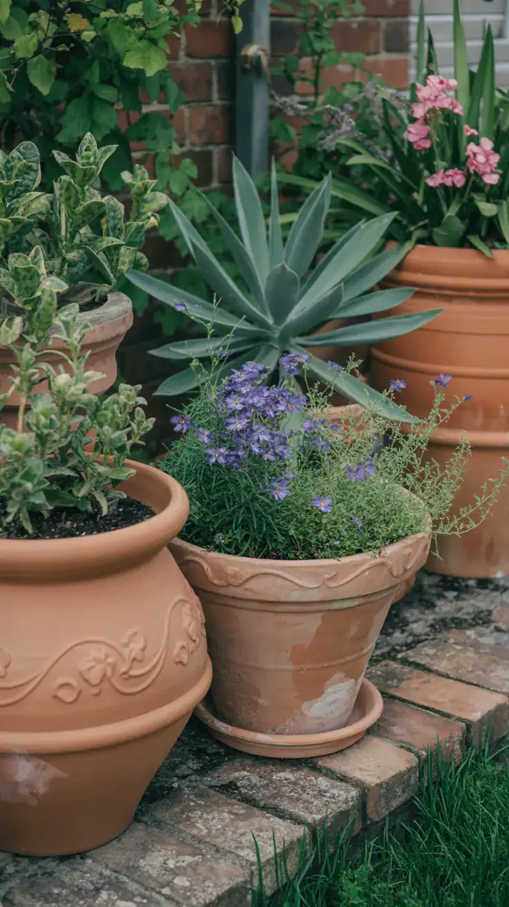 Terracotta pots layered throughout an English cottage garden border