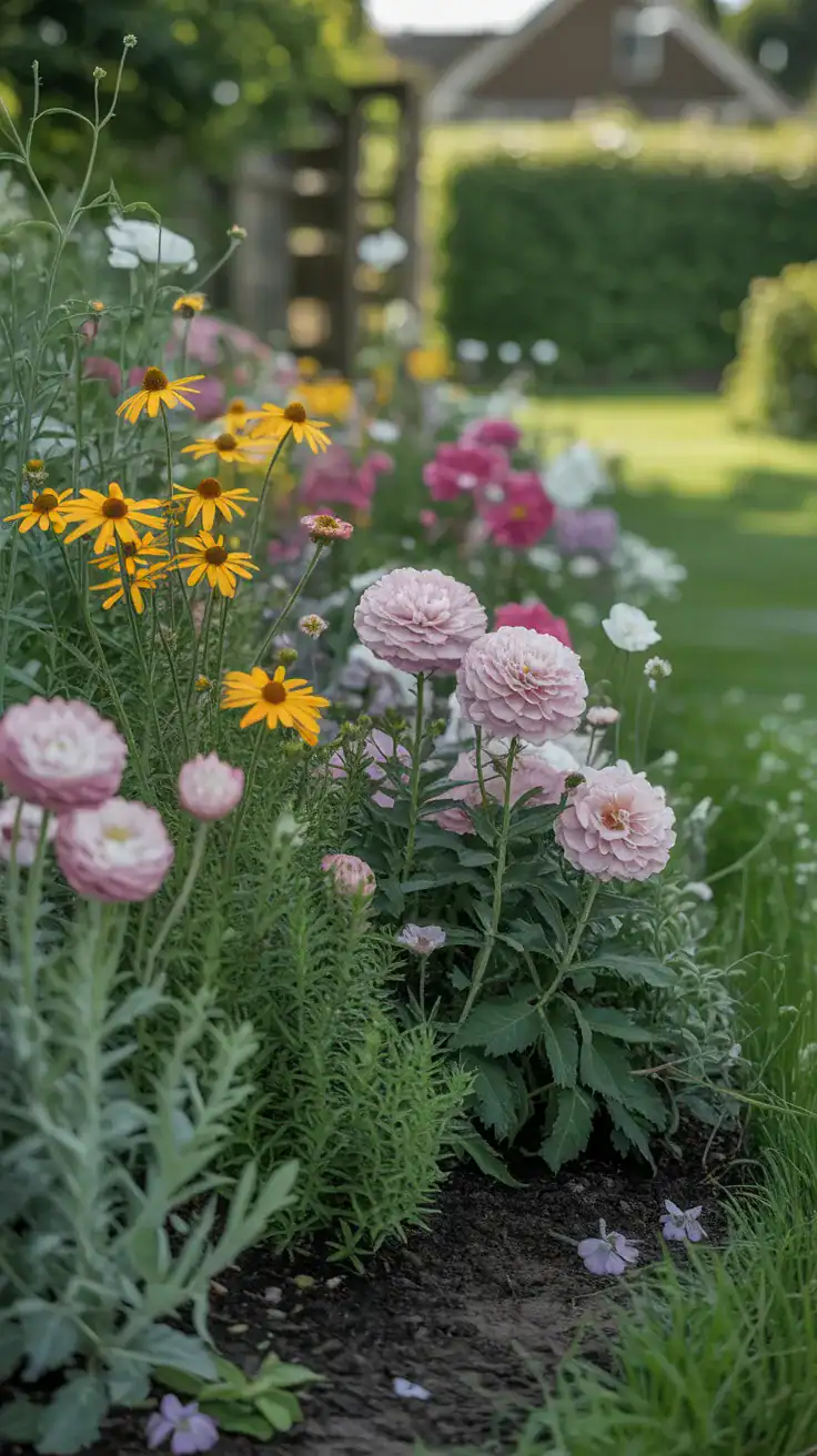 Relaxed slightly imperfect English cottage garden border with layered flowers
