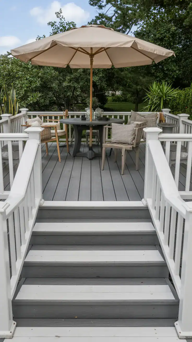 Weathered gray and white deck Weathered gray and white two tone backyard deck