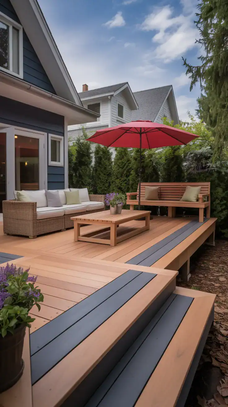 Natural cedar and slate gray deck Natural cedar and slate gray two tone backyard deck