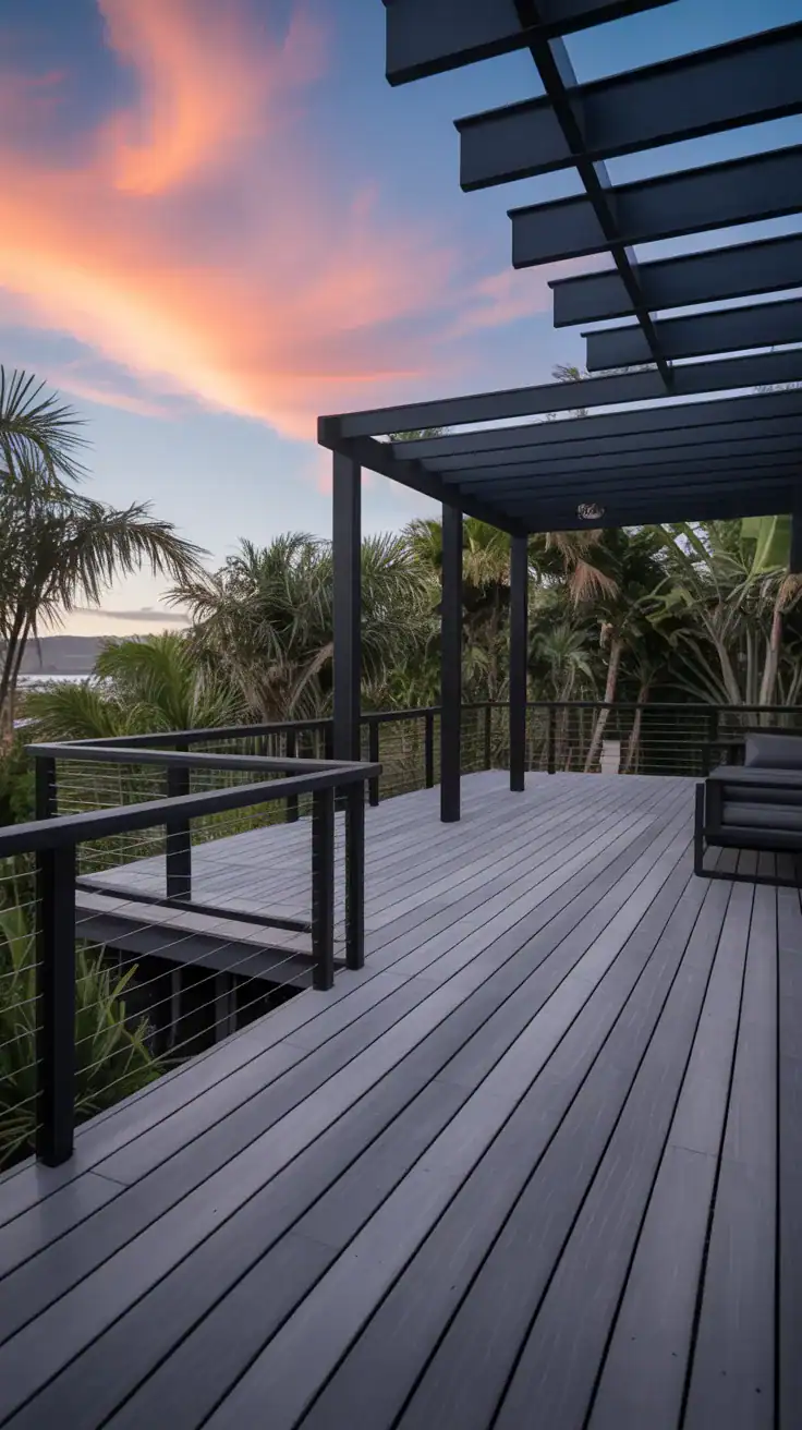 Weathered gray and black deck Weathered gray and black modern deck with sleek railings
