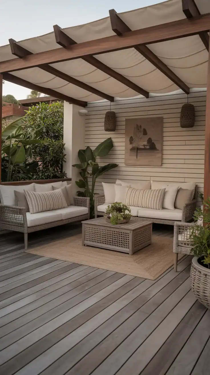 Taupe and walnut deck Creamy taupe and walnut bordered deck with cozy seating