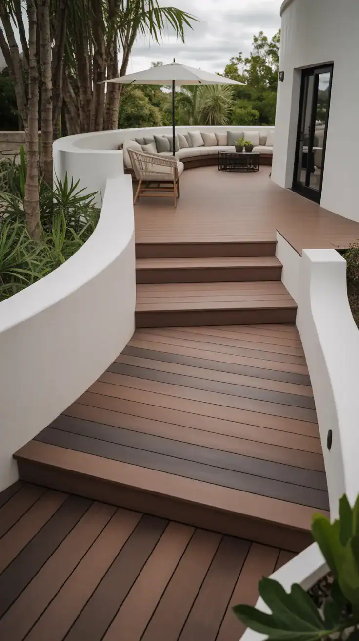 Brown and white deck Soft brown and matte white elevated deck design