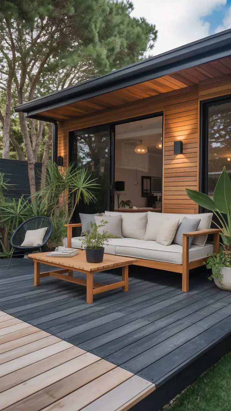 Charcoal and natural wood deck Charcoal and natural wood two tone deck with modern backyard styling