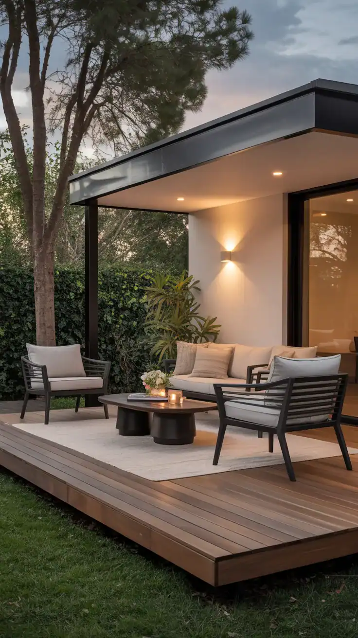 Warm ivory and walnut deck Warm ivory and walnut modern elevated deck with outdoor seating