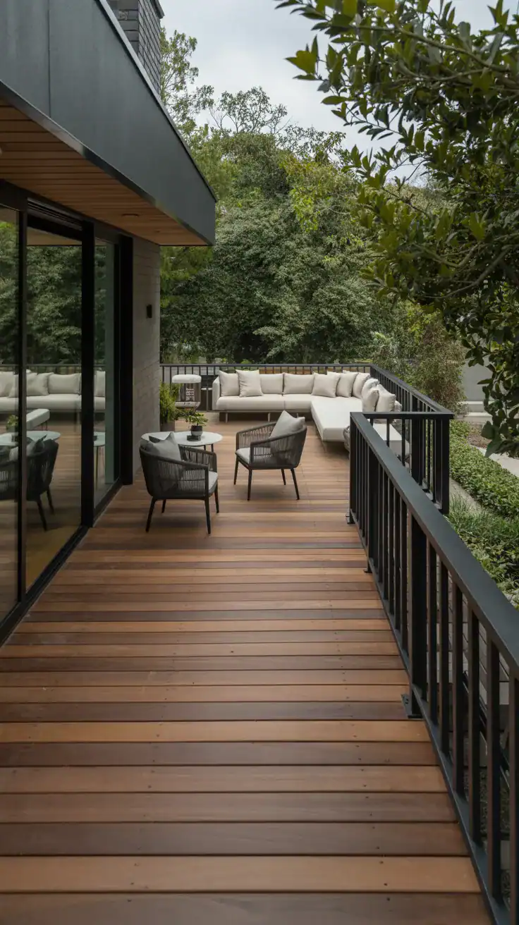 Walnut and black luxury deck Walnut decking with matte black railings and modern outdoor furniture