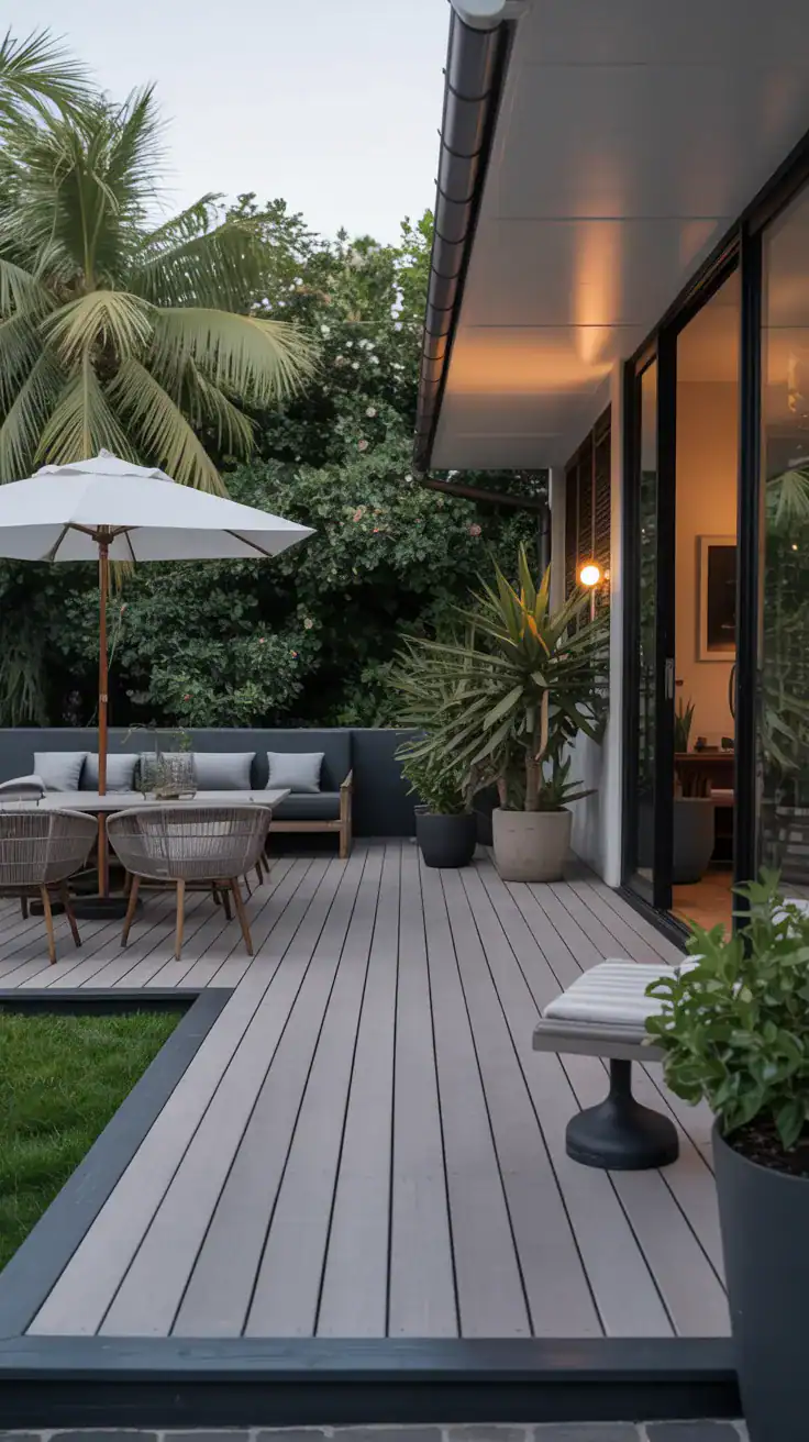 Greige and charcoal deck Pale greige and charcoal bordered deck with elevated styling