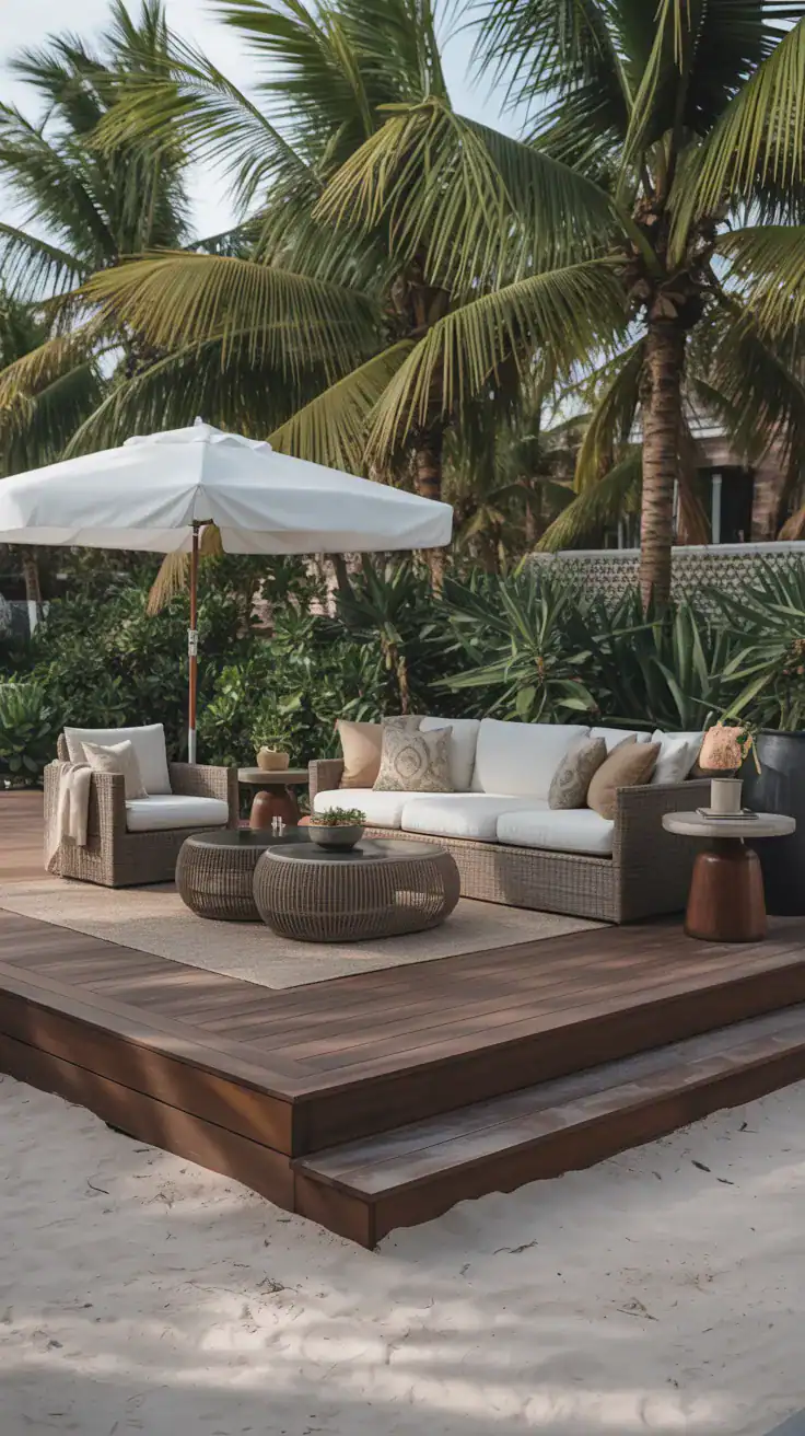 Sand and walnut deck Soft sand and deep walnut elevated deck with outdoor seating