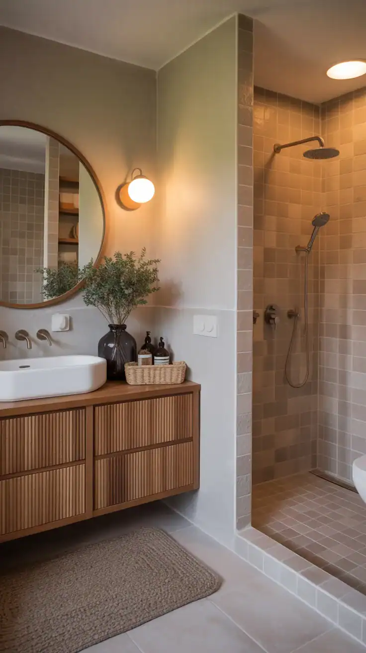 Neutral Scandinavian bathroom Warm neutral Scandinavian bathroom without bathtub