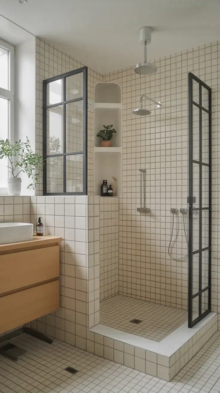 Scandinavian walk in shower Scandinavian bathroom with large walk in shower and glass panels