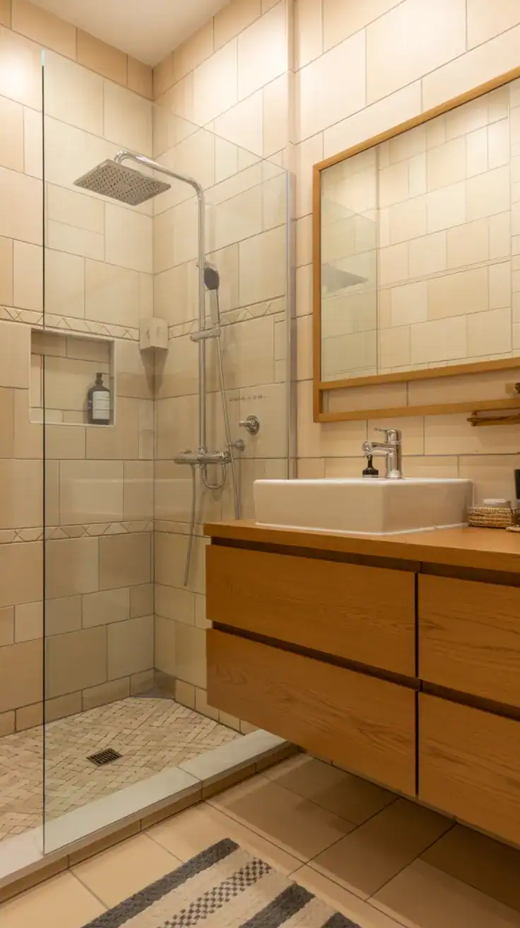 Floating oak vanity Floating oak vanity in Scandinavian bathroom without bathtub