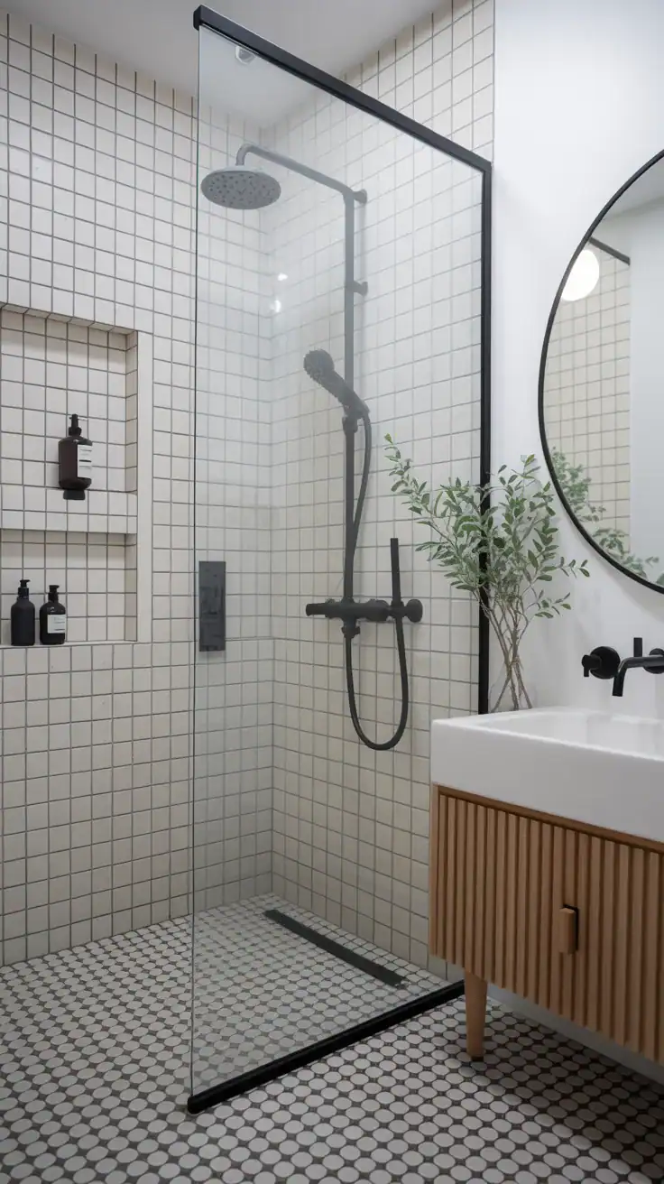 Matte black Scandinavian bathroom Matte black fixtures in Scandinavian bathroom with walk in shower