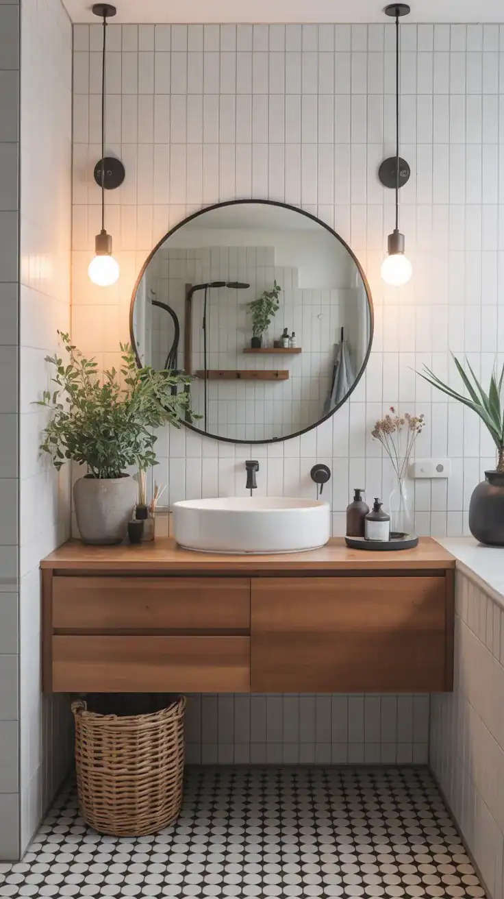 Large Scandinavian bathroom mirror Large mirror in Scandinavian bathroom renovation without bathtub