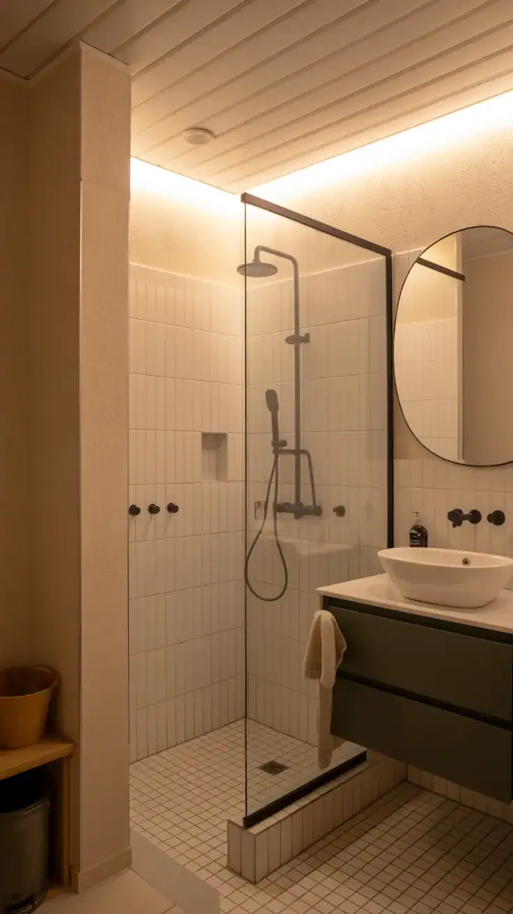 Warm Scandinavian lighting Soft layered lighting in Scandinavian bathroom without tub