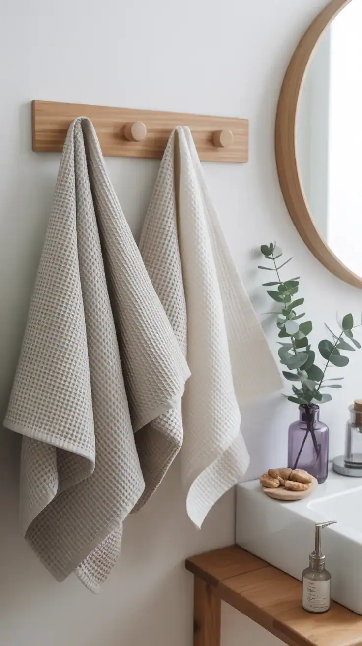 Scandinavian bathroom textures Waffle towels and linen textures in Scandinavian bathroom