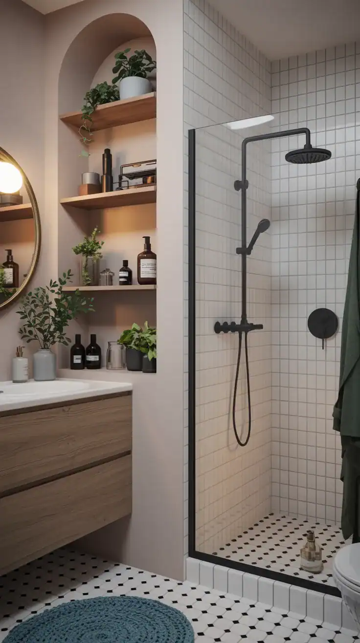 Scandinavian bathroom shelving Open shelving in Scandinavian bathroom without bathtub