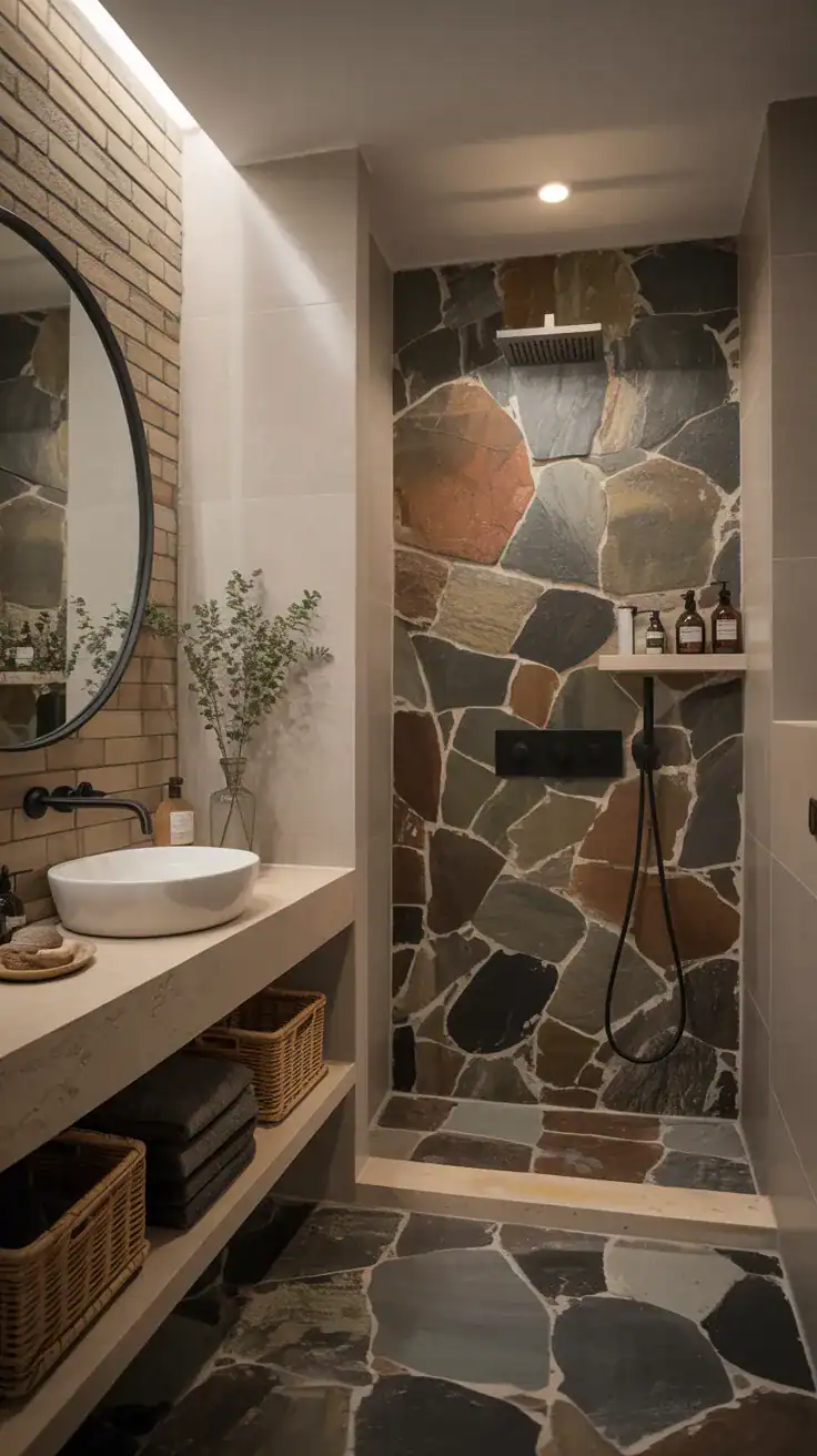 Stone Scandinavian bathroom Natural stone finishes in Scandinavian bathroom without bathtub