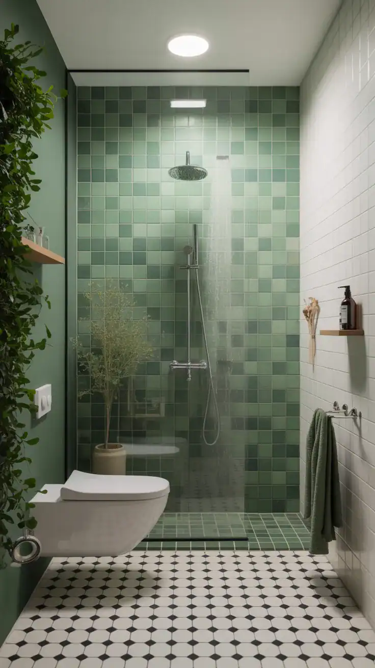 Scandinavian bathroom greenery Greenery in Scandinavian bathroom without bathtub