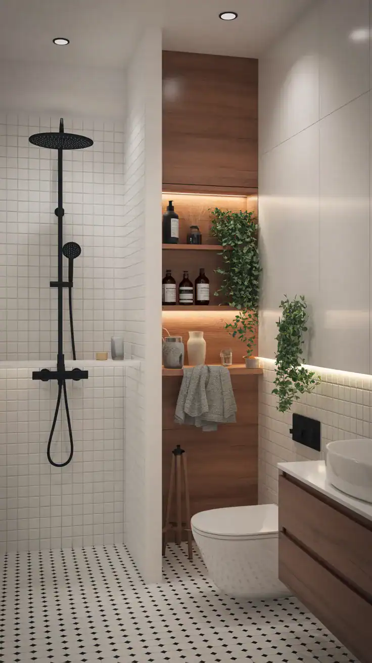 Hidden Scandinavian bathroom storage Hidden storage in Scandinavian bathroom without bathtub