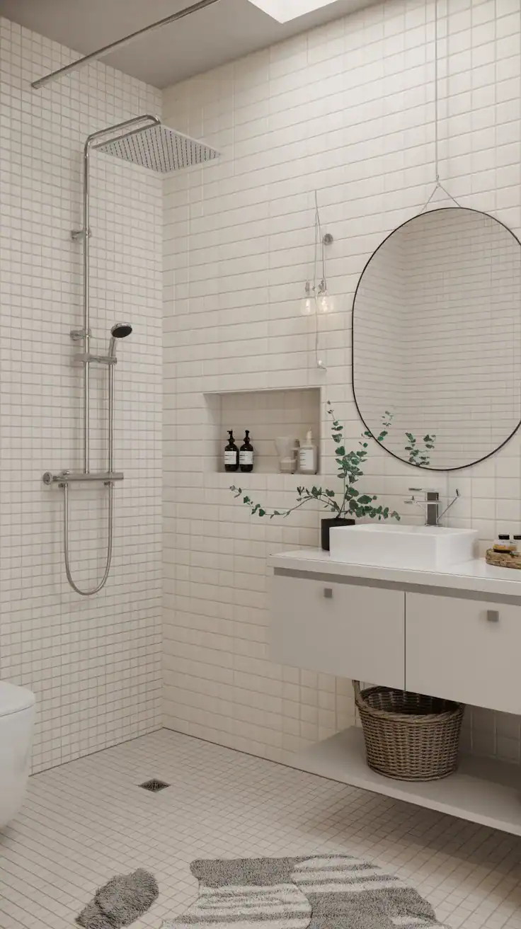 Open Scandinavian bathroom layout Open uncluttered Scandinavian bathroom without bathtub