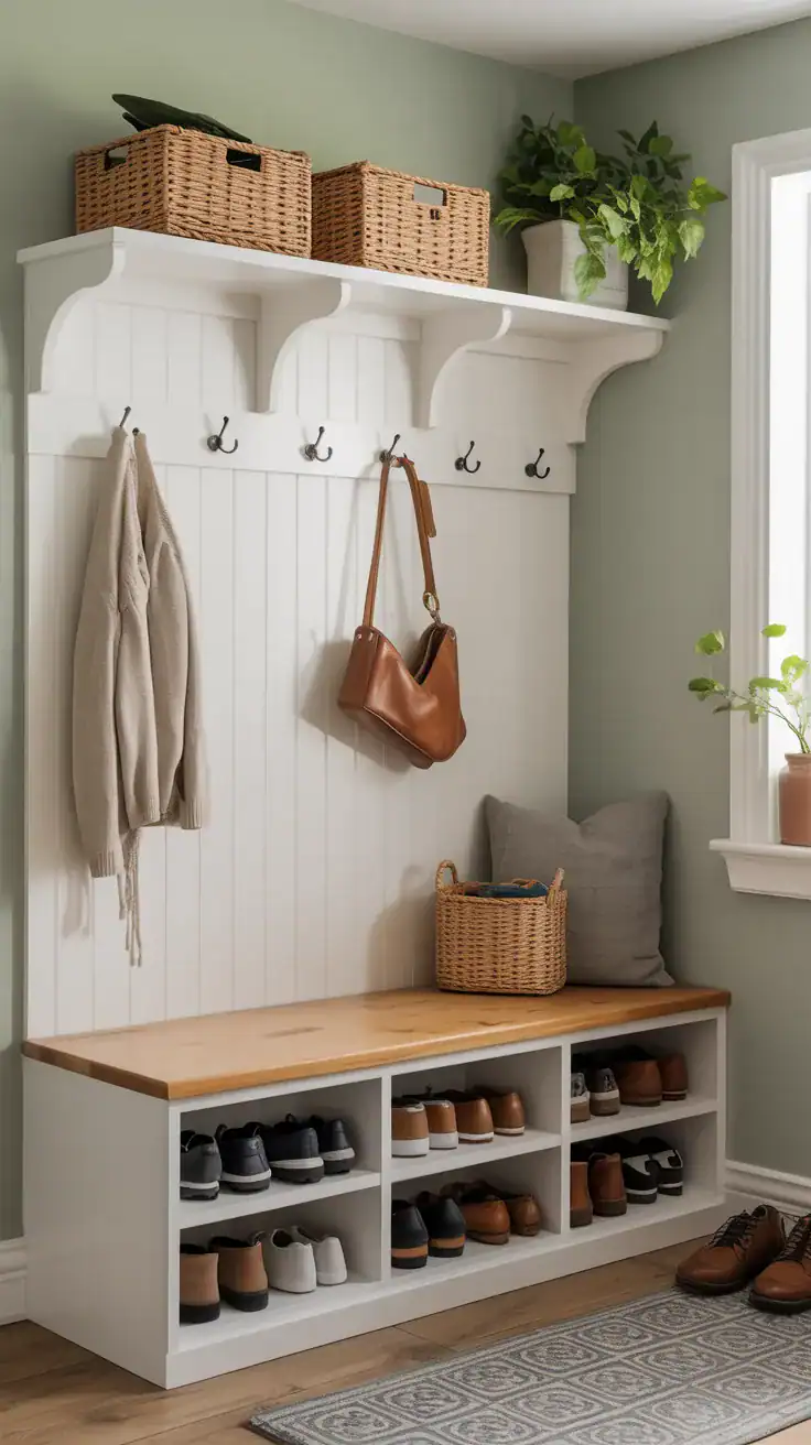 Vertical mudroom storage Vertical storage in small entryway mudroom