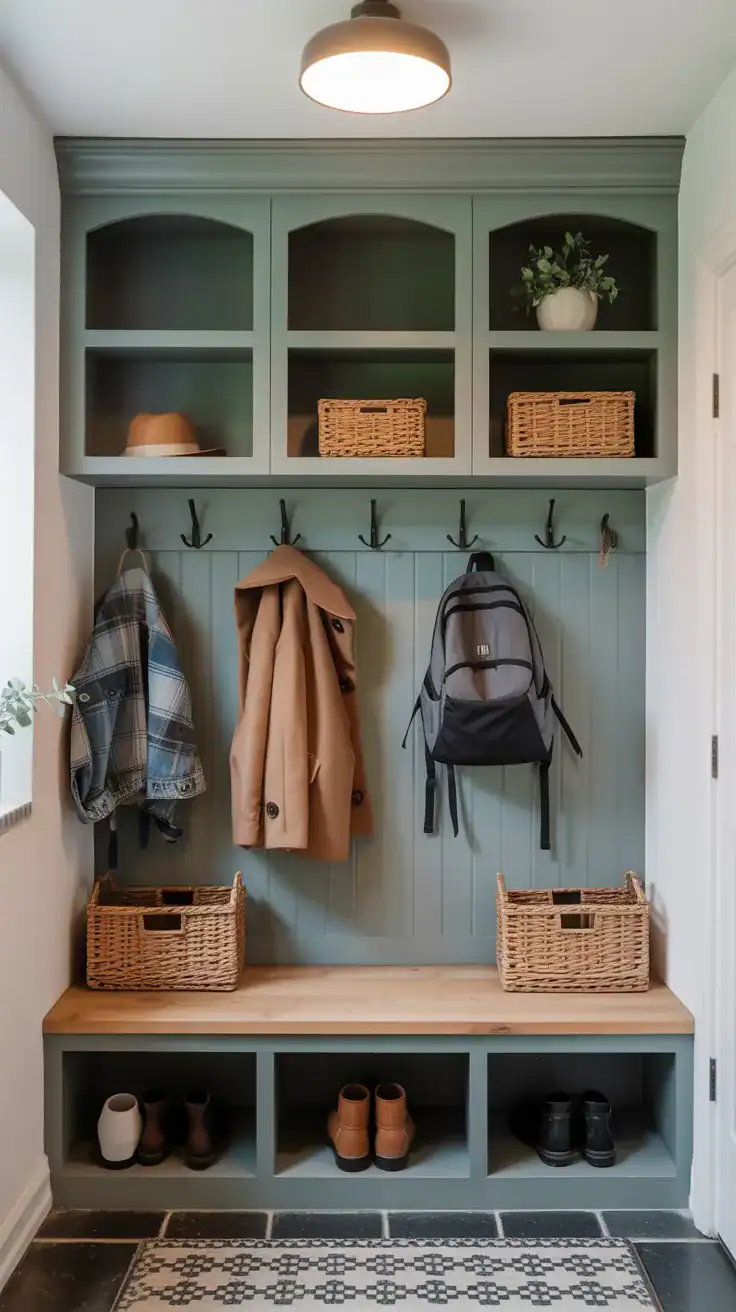 Mudroom wall hooks Mudroom hooks at different heights for coats and backpacks