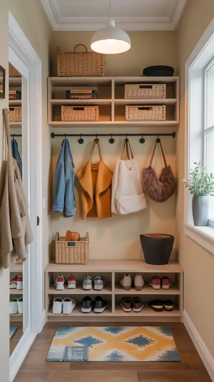 Mudroom shoe zone Dedicated shoe storage zone in entryway mudroom