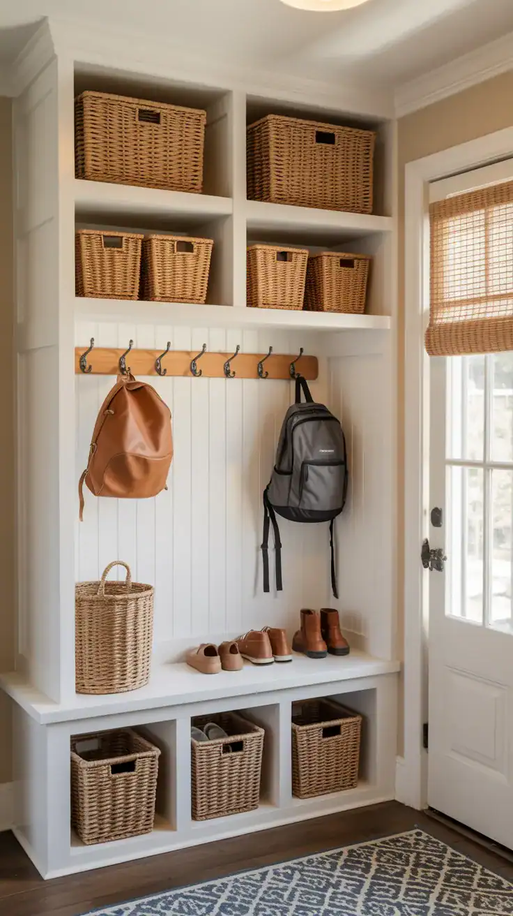 Mudroom woven basket storage Woven baskets in mudroom for backpack and shoe storage