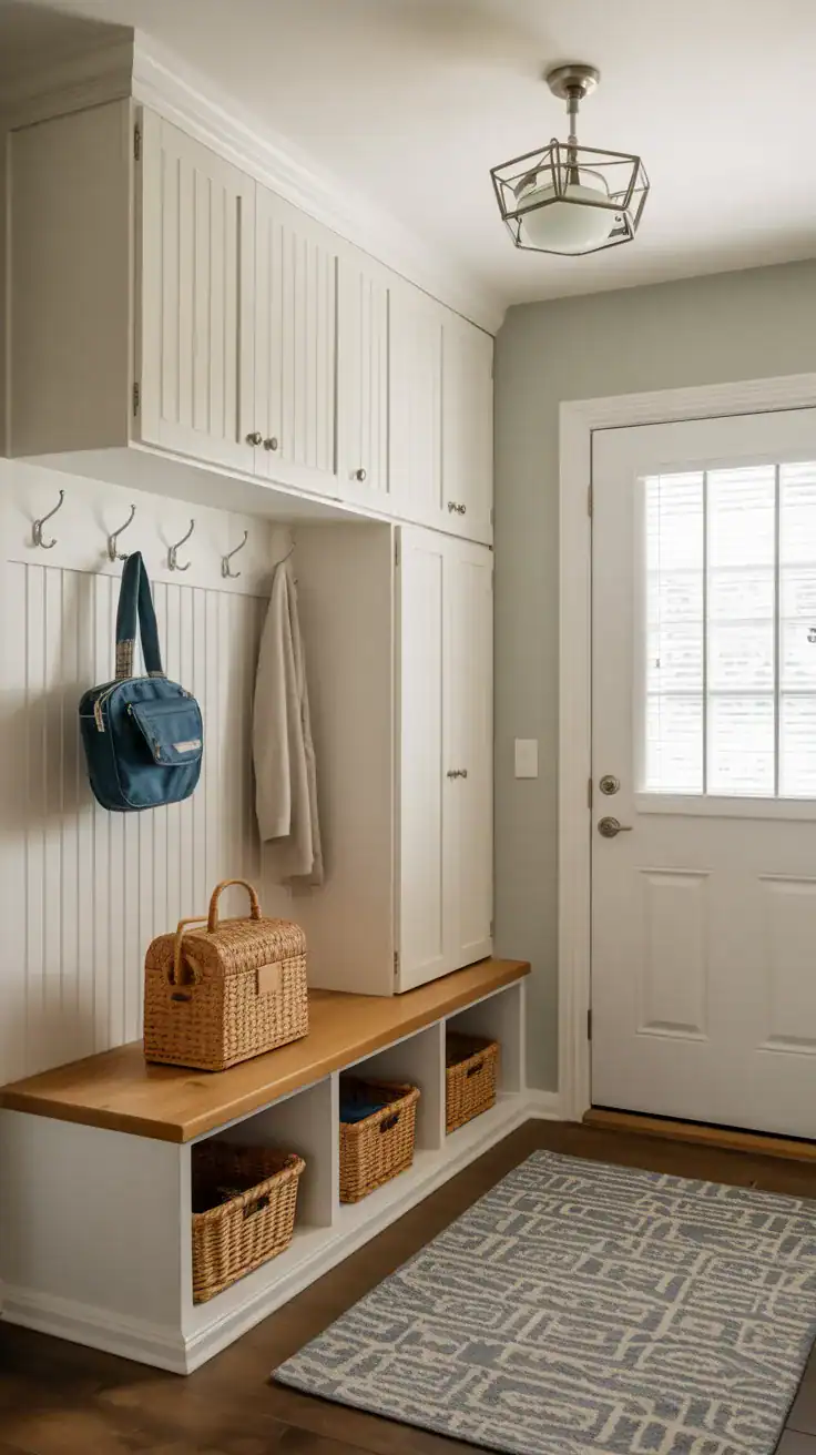 Closed mudroom cabinets Closed cabinet storage in organized mudroom entryway