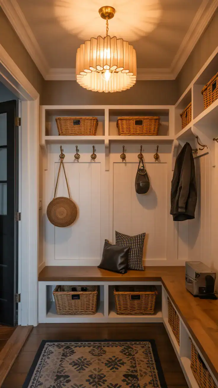 Mudroom lighting ideas Warm layered lighting in stylish mudroom entryway
