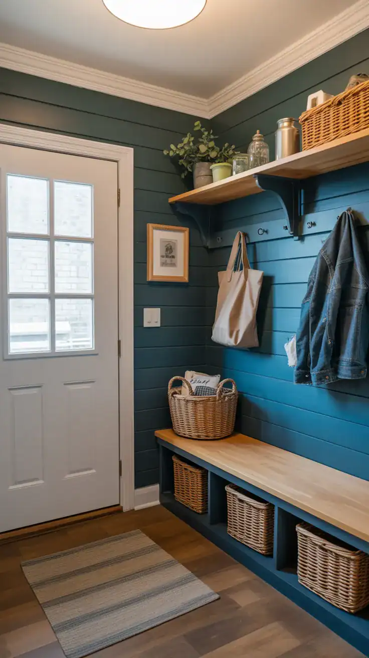 Mudroom shiplap walls Shiplap walls in cozy entryway mudroom