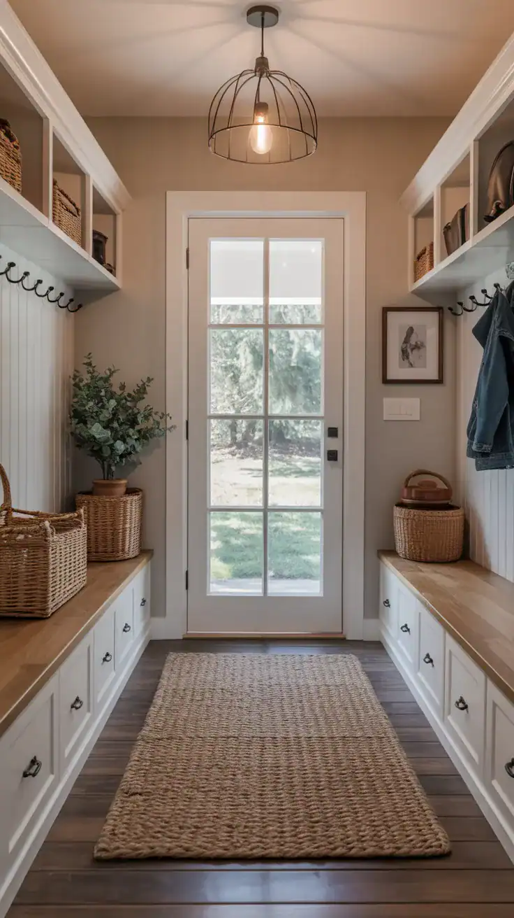Open mudroom layout Spacious entryway mudroom with clear walking space