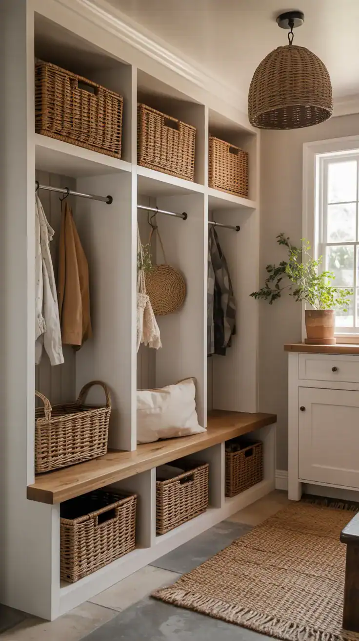 Laundry and mudroom combo with built in lockers, woven baskets, wood bench seating, and neutral farmhouse styling
