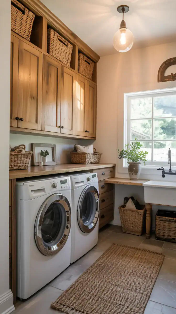 Warm white laundry mudroom with natural oak cabinetry, black hardware, and soft neutral styling
