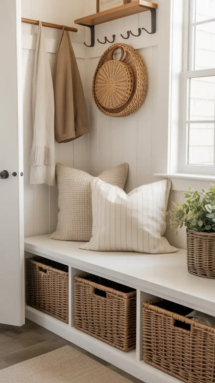 Mudroom laundry bench with hidden storage drawers, woven baskets, and neutral farmhouse decor