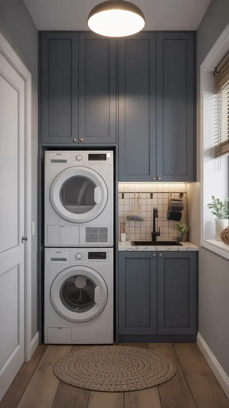 Small laundry mudroom with stacked washer and dryer, tall cabinets, and Scandinavian inspired design